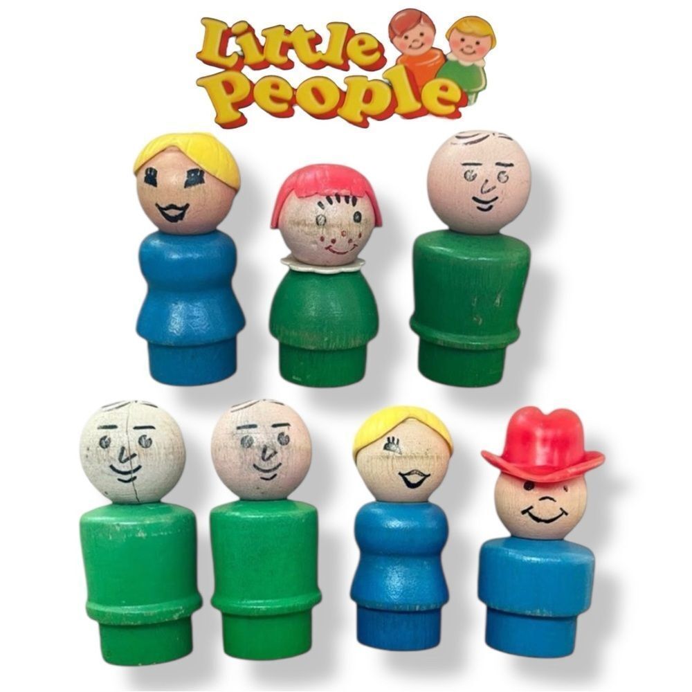 Vintage Fisher-Price Little People All Wood Lady Girl Man Cowboy 7 Piece Bundle